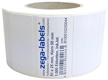 Inkjet Etiketten auf Rolle - 51 x 25 mm - 1.000 Stück je Rolle - Kern: 50 mm - Papier weiss glänzend - aussen gewickelt - permanent haftend - Druckverfahren: Ink Jet (Rollen Tintenstrahl Drucker)