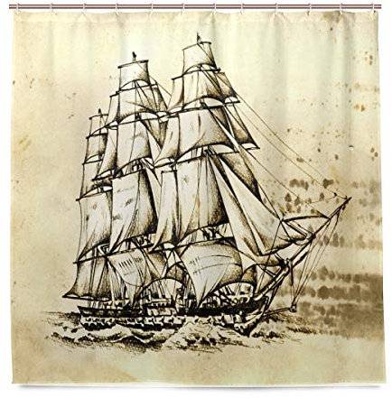 Wamika Badezimmer Dusche Vorhang Vintage Vorhänge Sailing Boot, auf Das Meer Design Haltbarer Stoff Bad Schimmelresistent Wasserdicht Badezimmer 12 Haken 183,0 cm x183,0 cm