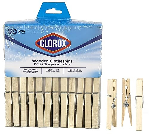 Clorox Wood Clothespins with Spring – Value Pack Set of 50 | Rust Resistant, Heavy-Duty Coil, Non-Slip Grip for Line Drying Laundry, Chip Clips, Crafts, 50 Pack