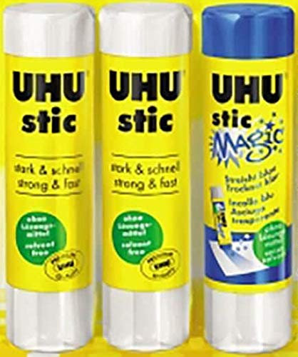 UHU - LOT DE 3 TUBES DE COLLES STIC 8,2 GR : 2 TUBES DE COLLE BLANCHE + 1 TUBE DE COLLE BLEUE MAGIC