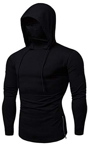 BUKINIE Mens Hipster Masks Hooded Sweatshirt Novelty Skull Printed Casual Long Sleeve Muscle Training Outdoor Pullover Jackets(Black,X-Large)