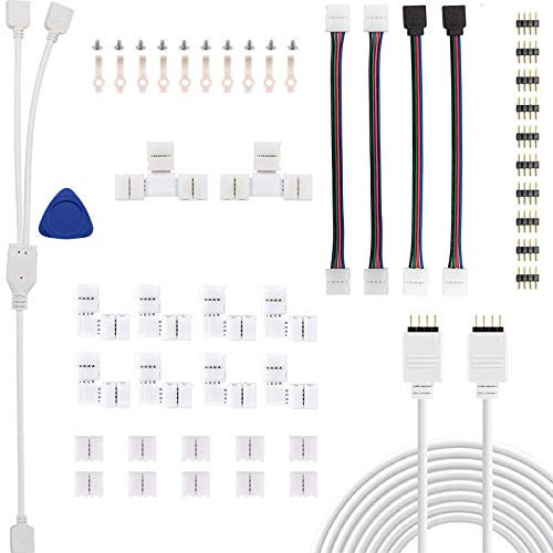 Kundorf LED Strip Verbinder, LED Stripe Verlängerung, LED Strip Eckverbinder, Selbstklebender Clip, RGB-Verteilerkabe, 4-poliger Stecker, Feste Klammer mit Schraube für 10mm 4 Polig RGB LED Strip