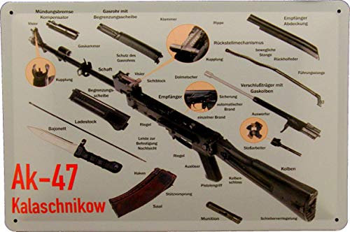 Tin Sign Blechschild 20x30 AK 47 Kalschnikow AKM 74 MPi Автомат Калашникова Sturmgewehr zerlegt 7,62x39 5,45x39 Izhmash Waffe Maschinen Gewehr
