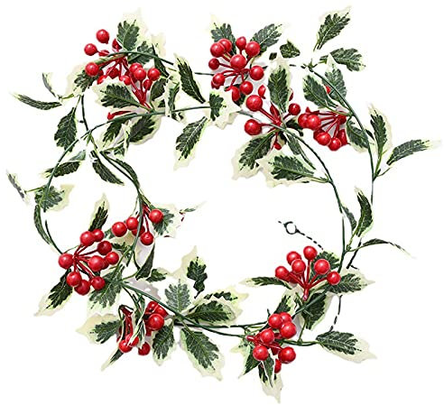 MsdeBersSKER Beerengirlande Stechpalme Deko Weihnachtsgirlande mit grünen Roten Beeren Blättern Garland Gartentor tür Dekoration für Winterurlaub Weihnachten Neujahr Dekor