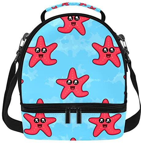 Double Deck Reusable Insulated Lunch Box Cooler Tote Bag Happy Funnt Sea Seestern Blue Background Meal Package for Office Work School Picnic