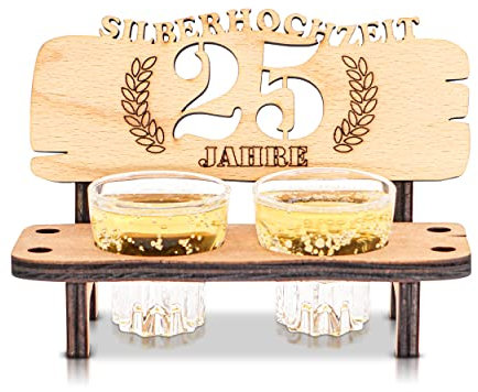 DARO Design - Schnapsbank 25. Hochzeitstag Silberhochzeit Geschenk Deko für Paare Männer Frauen aus Holz mit Gläsern
