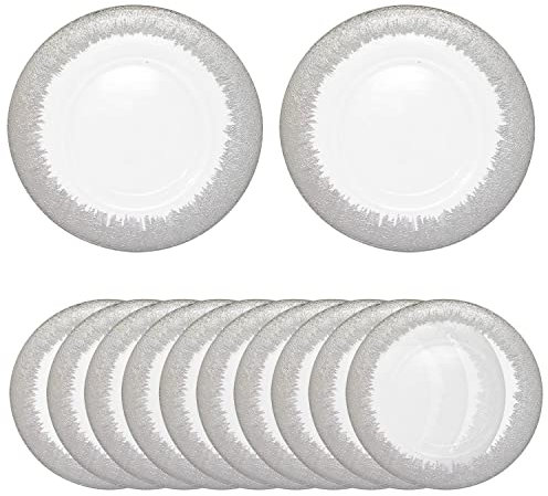 Trimming Shop 33cm Glass Charger Plates with Silver Rim - Elegant Silver Trim Charger Plate for Banquets, Weddings, Parties & Dining Event Decorations - Decorative Pack of 12