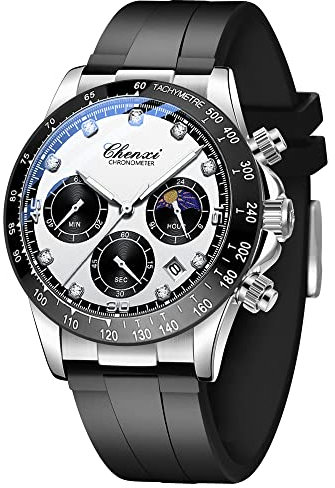 Tiong Silber Silikonband Herrenuhr Quarz Kalender Mondphase Business Uhr, Diamant Quarz Mond Icon Design Uhren für Herren - Silber