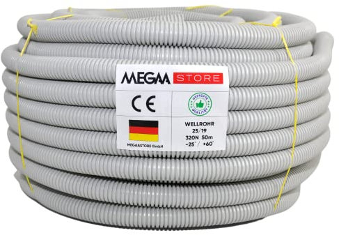 Megastore Flexibles Leerrohr Wellrohr 320N Grau | Klassifizierung M16 M20 M25 M32 M40 M50 Kabelschutz Schutz Rohr ungeschlitzt Außenbereich (Ø19 mm innen/Ø 25 mm außen / 50m)