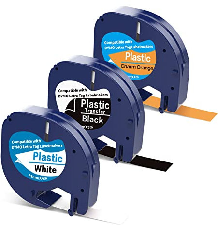 Bunt Etikettenband Kompatible für Dymo LetraTag 12mm x 4m Etikettenband als Ersatz für Dymo Etikettengerät LT-100H LT-100T LT-110T XR XM QX50,2000, Weiß/Schwarz/Charme Orange