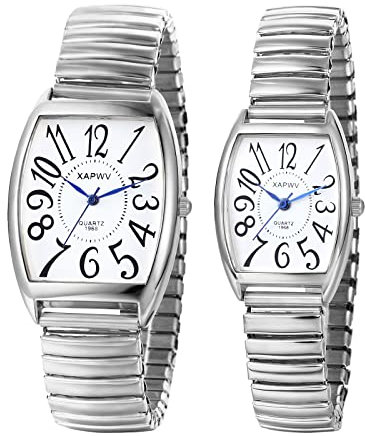 JewelryWe Paar Uhren Analog Quarz Pärchen Armbanduhr Klassisch Rechteckig Elastisch Legierung Armband Partner Freundschafts Uhr mit weißem großen Digital Zifferblatt Silber