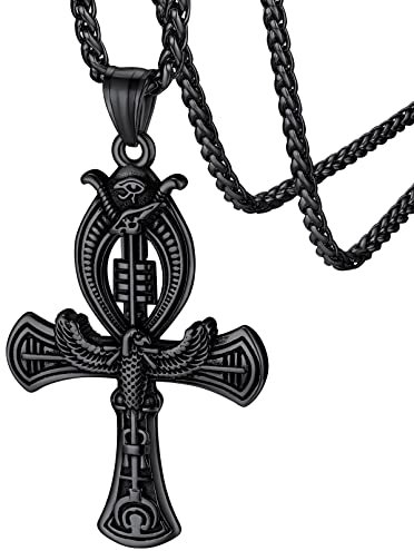FaithHeart Schwarz Ägyptischer Kreuz Kette mit Falke Anhänger Vintage Ägypten Kreuz Anhänger für Weihnachten Geburtstag