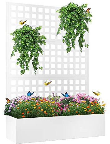 Elevens Metal Planter with Trellis & Privacy Screen, Outdoor Raised Garden Bed for Climbing Plants, Rectangular White Galvanized Steel Planter Box with Drainage Hole (71x47x16)