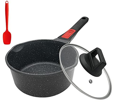 Bobikuke Stielkasserolle 18 cm mit Deckel Kochtopf Antihaft Pfanne, 2L Milchtopf mit Ausgießer, mit Abnehmbarer Griff, Geeignet für alle Herdarten, Backofen und Spülmaschinenfest (Schwarz)