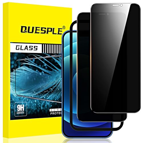 QUESPLE [2 Pièces] Verre Trempé Anti Espion pour iPhone 12/12 Pro 6,1 Pouces, Film de Confidentialité Protection en Écran, Équipé d'un Outil d'Alignement Simple [Dureté 9H ][Compatible Coque]