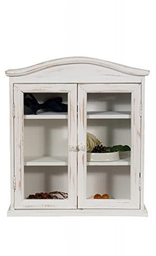 Biscottini Vetrina cucina in legno 47,5x45,5x15,5 cm | Vetrinetta shabby chic bianco 3 ripiani | Pensile bagno bianco 2 ante | Mobiletto bagno sospeso finitura anticata