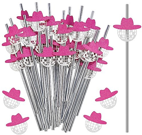 Tanlade 50 Pcs Mini Disco Ball Straws 70s Disco Western Decorative Straws Mirror Glitter Disco Straws Cowgirl Pink Hat Straw Cowgirl Party Decorations for 70s Dance Holiday Wedding Birthday Supplies