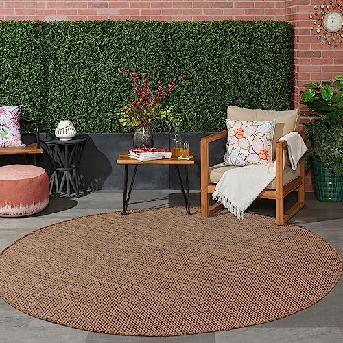 Jimri In- & Outdoor Teppich - Wetterfester Teppich für Balkon, Terrasse, Garten, Wohnzimmer, Küche - Strapazierfähiger Bodenteppich, Widersteht UV-Strahlen & Wasser - Größe 80 Rund, Braun-Taupe