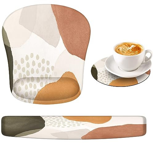 HAOCOO Beige Mouse Pad with Wrist Rest and Keyboard Pad, Gel Wrist Pad for Computer and Mouse Pad Set, Ergonomic Mousepad and Keyboard Wrist Rest with Coaster for Office, Boho Brown Yellow