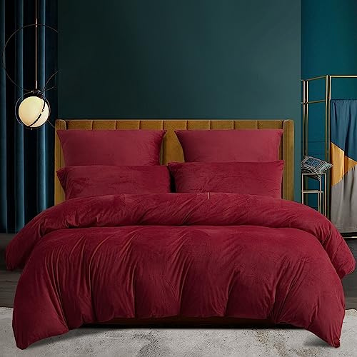 Housse de Couette Hiver 220x240 Chaude Flanelle Toucher Cashmere Polaire Parure de Lit en Velours Vin Rouge Doux avec Fermeture Éclair, Linge de Lit 2 Personnes avec 2 Taies d'oreiller 65x65 cm