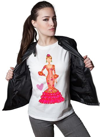 Camiseta Entallada de Manga Corta para Mujer, con Traje de Flamenca Mónica, Camiseta Blanca - Talla L - Monica