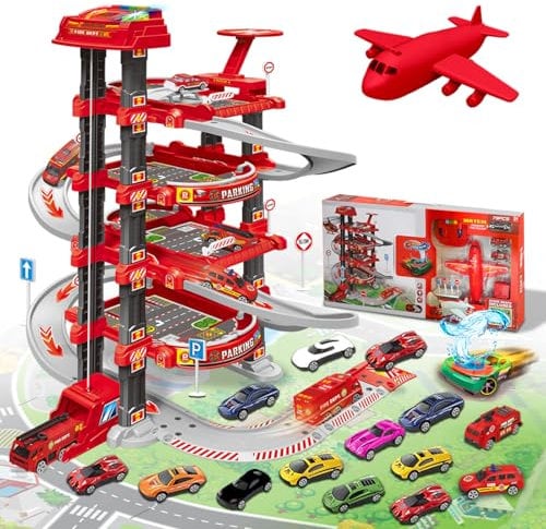 Xwin Sportseries 4-Story Parking Garage Playset with Die-Cast Cars – Multi-Level Parking Lot Toy with Ramp, Elevator, Spiral Tracks, Realistic Accessories – Pretend Play Vehicle Set for Kids