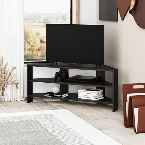 HOCUS PICUS Corner TV Unit with 2 Shelf for Living Room, Office ext. Modern Design, TV Stand 32-Inch TVs, Multi Colour Options for Decorations (Black)