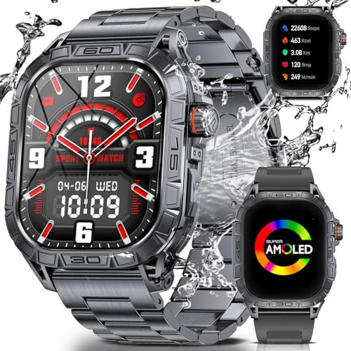 ESFOE Smartwatch Uomo(2 Cinturini),1,96” AMOLED Orologio Smartwatch Militare,100+ Modalità Sport IP68 impermeabile 380mAh Notifiche Whatsapp Cardiofrequenzimetro Contapassi Fitness Tracker Android iOS