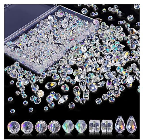 300pcs Crystal Beads Jewellry Making Kit - Glass Beads for Crystal Jewellery Bracelets, Earrings, Necklace Making Crafts DIY, 4/6/8mm Various Shapes Mixed