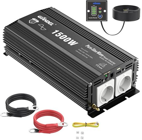 Giandel Inversor de Corriente 1500W Onda Sinusoidal Pura Coche Convertidor 12V a 220V 230V con Mando a Distancia & 2 Tomas de AC & Puerto USB para RV cámping