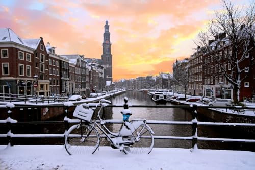 Fertig gerahmtes Leinwandbild - Motiv: Das Fahrrad - Blick auf eine Gracht in Amsterdam - Bilder / Fotos / Wandbilder / Souvenirs aus Holland / Niederlande, Größen Name: 30 x 20 cm