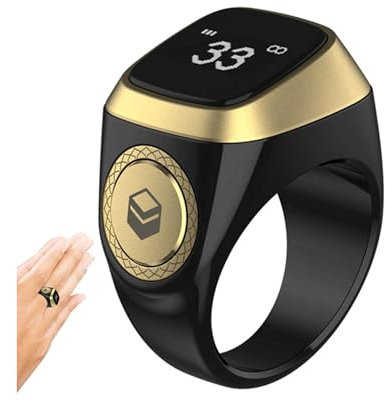 Mr. Gadget's Solutions Smart Tasbih's Compteur de doigts intelligent avec 5 rappels de temps de prière, compteurs électroniques rechargeables Tasbih Tally Clicker avec écran OLED – Noir 22 mm