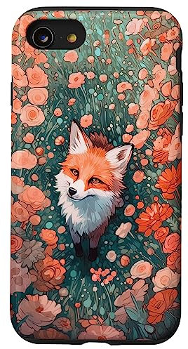 Hülle für iPhone SE (2020) / 7 / 8 Süßes Fuchsfeld mit Blumenmotiv, Baby-Fuchs-Druck, Kunst, Füchse, Liebhaber