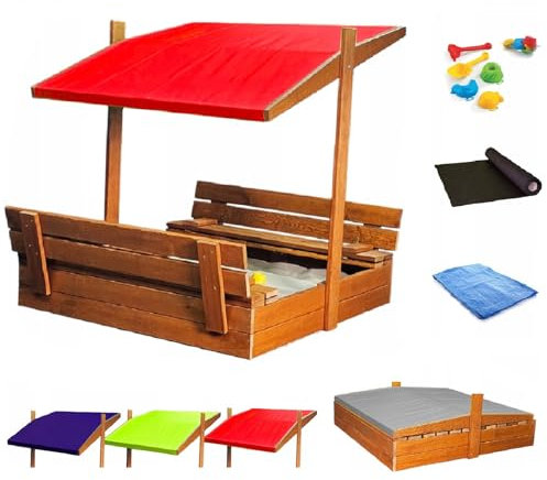 Sandkasten aus Holz mit Sitzbank Dach Abdeckung Imprägniert Sandbox 150 cm (Rot)