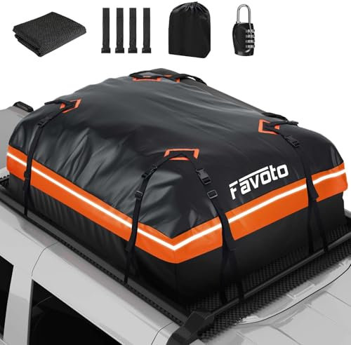 Favoto Dachbox 566L Faltbarer Dachkoffer wasserdichte Dachtasche mit Antirutschmatte Türhaken Verstärkungsgurte für PKW Autos SUVS mit/ohne Gepäckträger Reisen Gepäcktransport Schwarz-Orange
