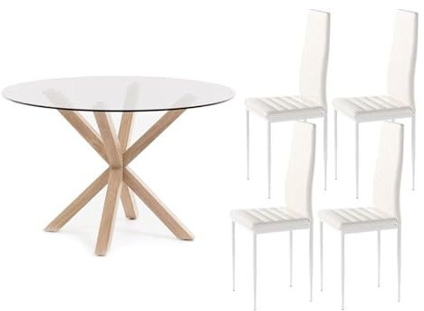 S & S Saldos y Stocks Pack Mesa Redonda de Cristal Templado + 4 Sillas Polipiel/Metal Blanco 120x75 cm