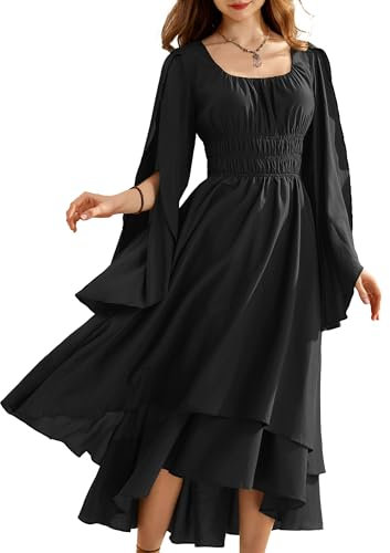 SCARLET DARKNESS Ren Faire Medival Pirate Dress for Women Long Sleeve with Slit A-Line Fairy Dress Black S
