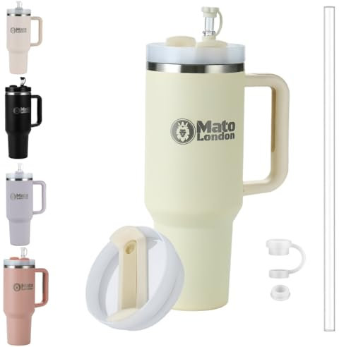 Mato London 40oz Tumbler with Straw & Handle – Stanley Cup Style Double-Wall Stainless Steel | Leakproof, BPA-Free | Insulated Travel Mug for Hot & Cold Drinks | Reusable Lid & Accessories Included