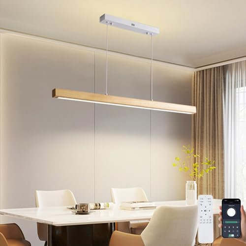 Pinrutar LED Madera Lámpara Colgante Mesa de Comedor, Cocina, Luz Colgante Regulable Interiore Control Remoto y App Diseño Moderno, Ajustable Temperatura de Color, Brillo, Altura,L120CM/48W