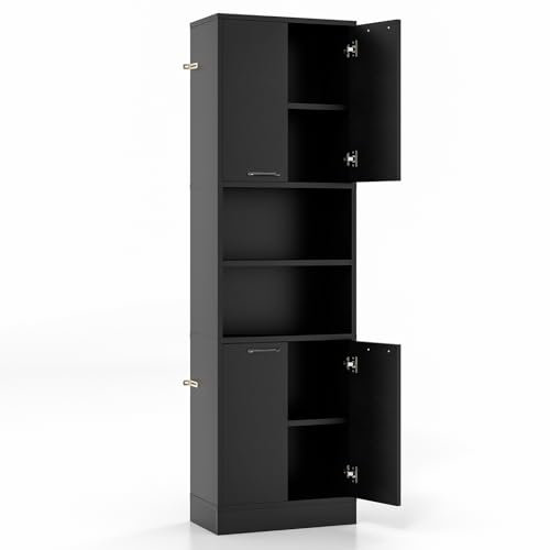 GiantexUK 4-Door Tall Kitchen Cupboard, 190CM Wooden Storage Cabinet with 2 Open Compartments & 2 Enclosed Cabinets, Freestanding Display Sideboard for Dining Living Room Pantry (Black)