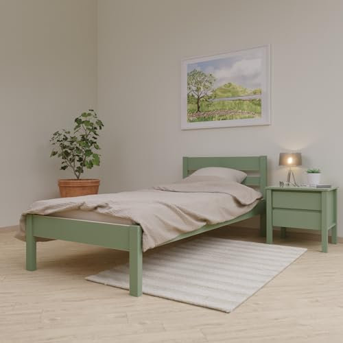ESTADESIGN Massivholzbett 80x200 cm aus Birke, skandinavisches Design, Einzelbett mit Kopfteil, stabil und geräuschfrei, Farbe Olive, Lieferung ohne Lattenrost – freie Wahl für Ihren Komfort