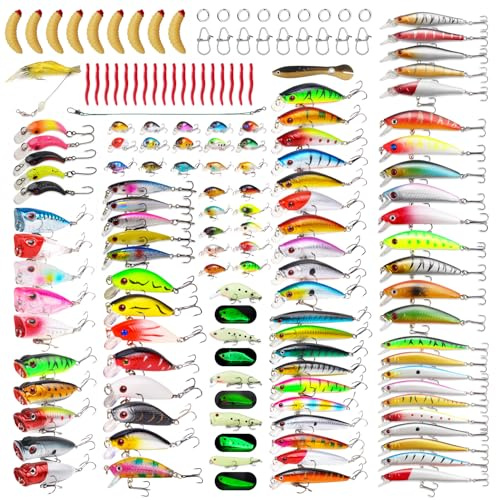 TSKS 150pcs/set Fishing Artificial Lures Kit Mixed with Front Diving Fin Minnow Surface Popper Crank Baits Pencil VIB with Hook and Soft Lures Accessories for Saltwater Freshwater Trout Bass Tackle