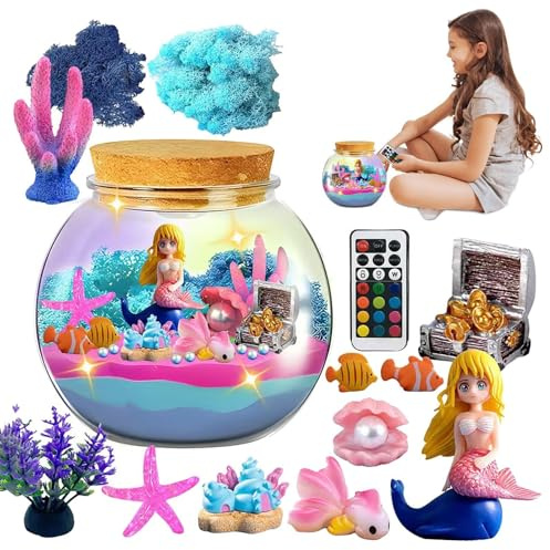 Girls Terrarium Kit – Mermaid Terrarium Kit für Mädchen | LED Night Light Terrarium für Kinder mit Fernbedienung | Bildungskunst & Crafts | Sea Creatures Aquarium für Mädchen Alter 4-12 Jahre alt