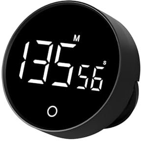 Qumox Minuteur Numérique F7 avec Bouton Rotatif, Volume Réglable, Base Magnétique, Batterie Rechargeable – Chronomètre et Compte à Rebours pour Cuisine, Bureau, Étude – Noir