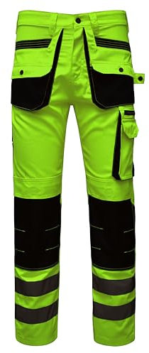 STRUD FIT Hi Vis Trousers Men's Cargo Workwear Multi Pockets Safety Pants with Reflective Tape Construction, Industrial use Heavy Duty Work Trousers (UK, Waist & Inseam, 36, 34, Parrot)