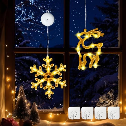 Lamptobe 2 Stück Fenster Weihnachtsbeleuchtung Schneeflocke und Elch - Warmweiß Fensterlicht Hängend mit Saugnapf Timer-Funktion& 2 Modi LED Vorhang Lichterkette für Party Shop Fenster Dekoration