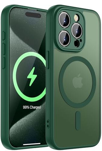 KPPIT Magnetisch für iPhone 15 Pro Hülle 6,1 Zoll Kompatibel für Magsafe,[Militärnorm Schutz Handyhülle] Durchscheinende Matt Kratzfeste Rückseite Schutzhülle Hülle für iPhone 15 Pro Case, Dunkelgrün