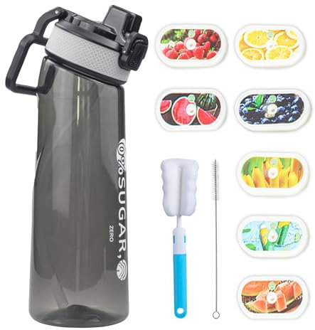Air Water Bottle with Flavour Pods, 700ml Starter Up Set BPA Free Drinking Bottles with 7 Random Flavour Pods Scented 0 Sugar Calorie, Water Cup with Straw & Brush for Gym School Outdoor, Black