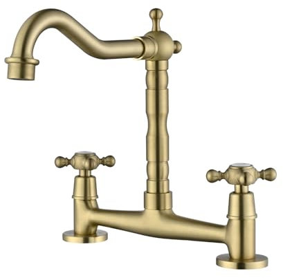 Tivezlor 2-Griff-Küchenarmatur für Deckmontage, 2-Loch-Küchenspülenarmatur (8 Zoll), 360° drehbarer Auslauf, Messing-Spültischarmatur für Wohnmobil-Bar, gebürstetes Gold