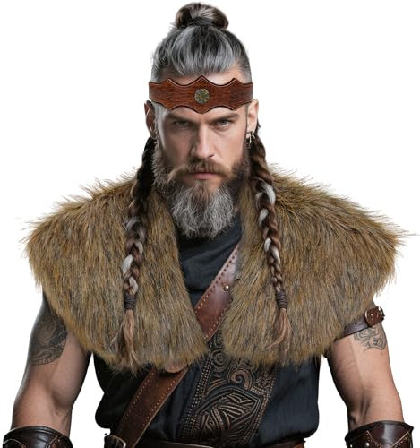 Vifcotlyp Wikinger Kunstpelz Schal, Wikinger Kostüm Herren Mittelalter Kleidung Pelzmantel mit Leder Stirnband Pelz Umhang Schulter Wickelkragen für Halloween Cosplay